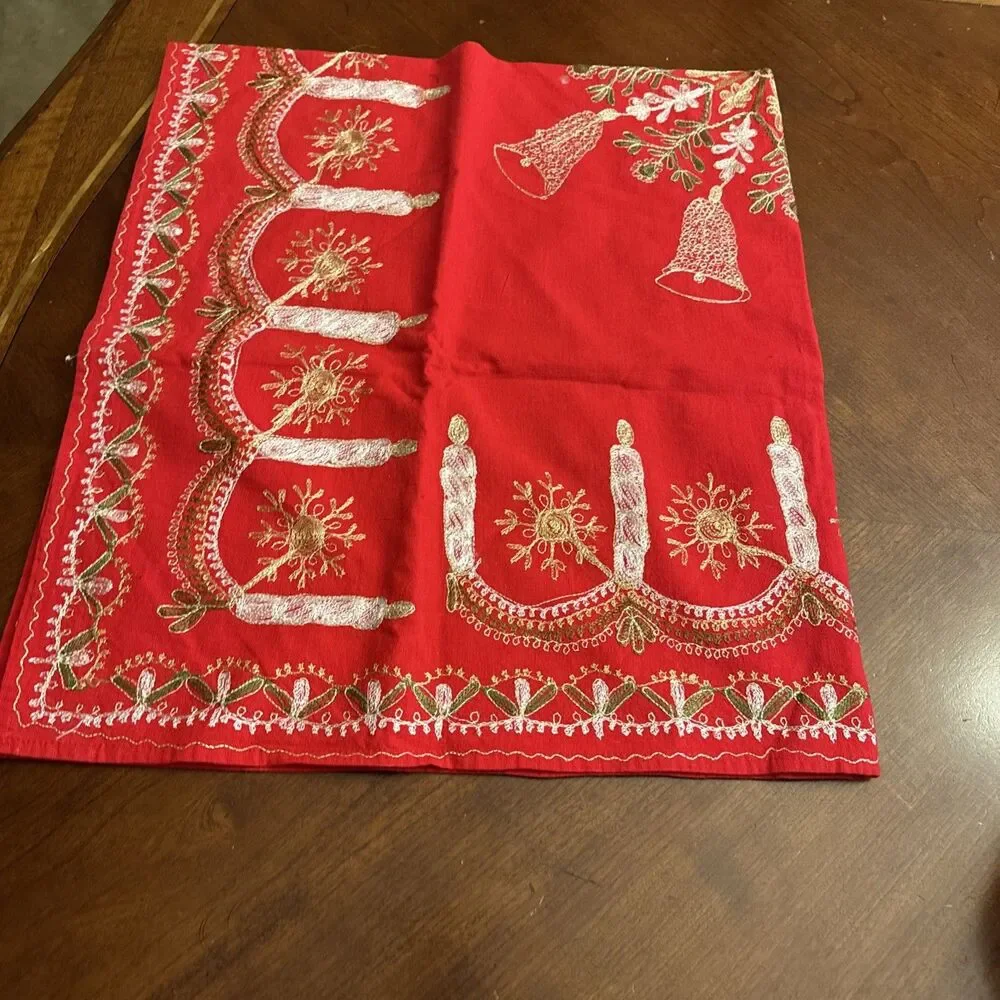 Holiday tablecloth, red gold metallic, 39”X 35”